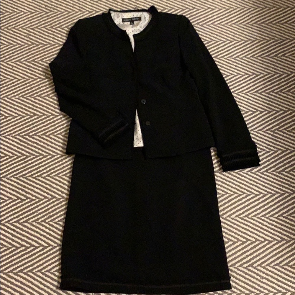 Albert Nipon black skirt suit set, ruffle hem, 6